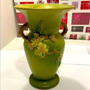 Roseville Pottery Apple Blossom Artistic Green Floral Vase with Double Handles